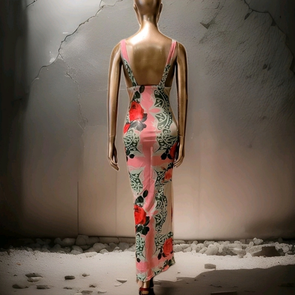 NWT Sexy Vibrant Romantic Floral Print Mesh Bodycon Maxi Dress Sz S - Picture 15 of 16